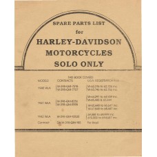 Harley Davidson Solo Motorcycle Model WLA Flathead Parts Manual 1940 - 1942