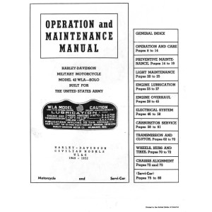 Harley Davidson Solo Military Motorcycle Model 42 WLA Operation & Maintenance Manual 1940 - 1952